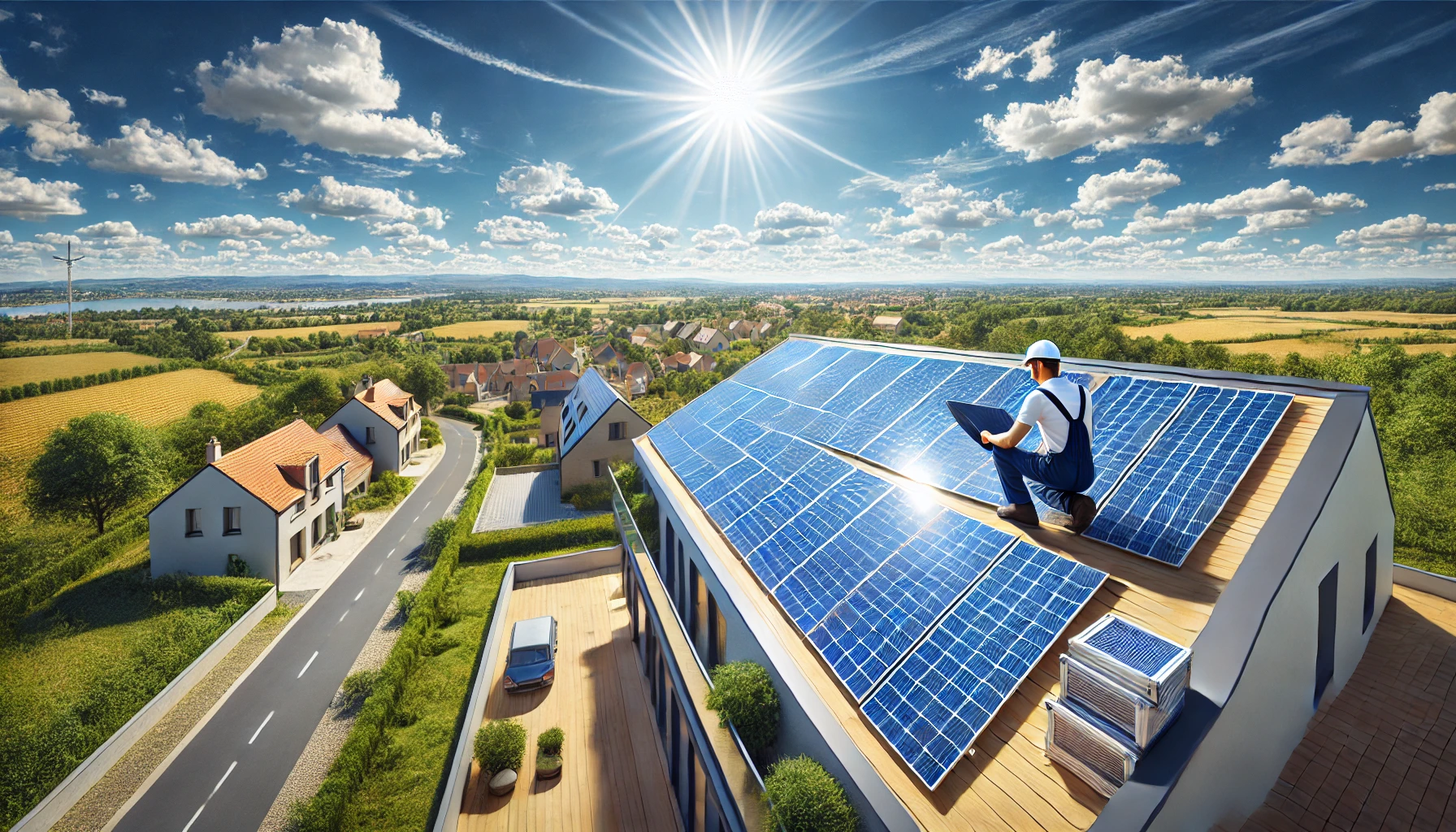 Vue panoramique de panneaux solaires installés sur un toit à Bourg-en-Bresse avec technicien en uniforme, ciel dégagé et paysage de campagne française en arrière-plan