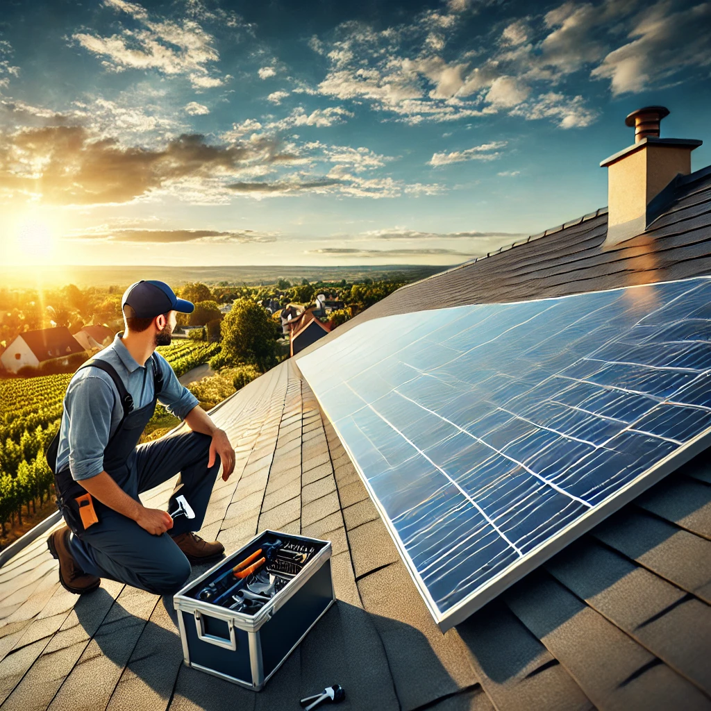 Installation professionnelle de panneaux solaires sur un toit moderne à Bourg-en-Bresse avec technicien inspectant les panneaux sous un ciel bleu et ensoleillé.